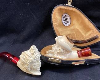 (2) MEERSCHAUM SEPIOLITE TURKISH TOBACCO PIPES, GENERAL CUSTER & NATIVE AMERICAN CHIEF, HAND CARVED, 1 CASE