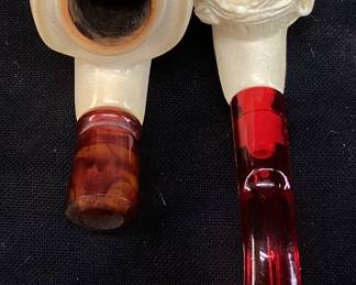 (2) MEERSCHAUM SEPIOLITE TURKISH TOBACCO PIPES, GENERAL CUSTER & NATIVE AMERICAN CHIEF, HAND CARVED, 1 CASE