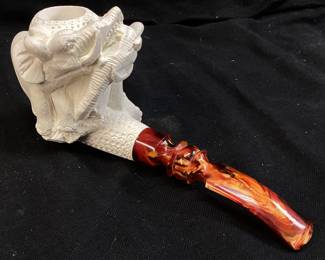 MEERSCHAUM SEPIOLITE CARVED ELEPHANTS TOBACCO PIPE, MADE IN TURKEY, WITH CASE