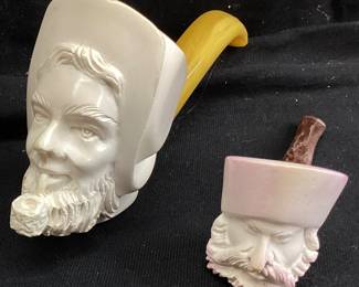 (2) VTG. HAND CARVED MEERSCHAUM MAN WITH PIPE TOBACCO PIPE & MEERSCHAUM SULTAN