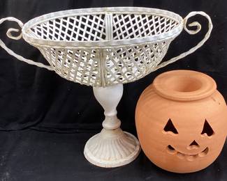 WROUGHT IRON LATTICE URN & TERA COTTA JACK-O-LANTERN NO SHIPPING PICKUP ONLY