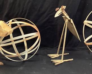 (4) METAL DECORATIVE GARDEN SCULPTURES, DOG CRANE, SPHERES NO SHIPPING PICKUP ONLY