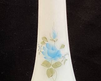 1980 FENTON HAND PAINTED BLUE ROSES SATIN BUD VASE SIGNED, 11in H