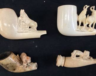 (4) VTG. GENUINE MEERSCHAUM TOBACCO PIPES, ELK, HORSE & 2 w DOGS, AUSTRIAN & TURKISH