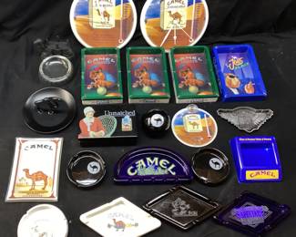 ASSORTED RJR CAMEL CIGARETTES COLLECTIBLES, ASHTRAYS, CLOCKS w THERMOMETERS