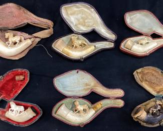 (6) ANTIQUE MEERSCHAUM TOBACCO PIPES, HAND CARVED HORSES w ORIGINAL CASES