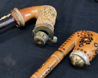 (2) ANTIQUE MASSA-MEERSCHAUM GERMAN TOBACCO PIPE, BRASS STAMPED K.L. & UKRAINIAN INLAID WOOD PIPE