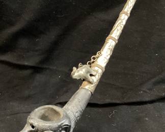 ANTIQUE CLAY ELEPHANT HEAD PAKTONG TOBACCO PIPE