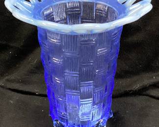 FENTON BLUE OPALESCENT BASKETWEAVE VASE