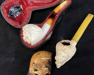 (3) MEERSCHAUM HAND CARVED LION TOBACCO PIPES, MADE IN TURKEY, 1 CASE