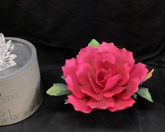 (3) FLOWER FIGURINES, SWAROVSKI CRYSTAL WATER LILY CANDLE HOLDER, ANDREA BY SADEK PEONY, 1988 LENOX PEACE ROSE