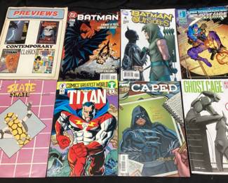 (8) ASSORTED COMIC BOOKS, DC BATMAN, DC CONTEMPORARY CLASSICS, GHOST CAGE, CAPED, DARK HORSE COMICS TITAN, SLATE SKATE, ULTRAVERSE SOLITAIRE