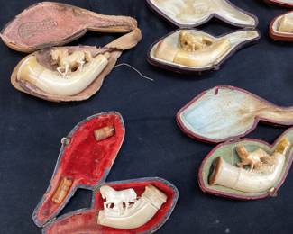 (6) ANTIQUE MEERSCHAUM TOBACCO PIPES, HAND CARVED HORSES w ORIGINAL CASES