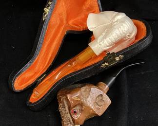  (2) ELEPHANT HEAD w TUSK & MEERSCHAUM ELEPHANT HEAD HAND CARVED TOBACCO PIPES
