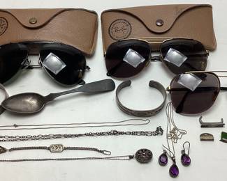 ASSORTED COLLECTIBLES, STERLING SILVER JEWELRY, SUNGLASSES & CASES, COSTUME BRACELET CUFFS