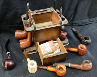  10 ASSORTED TOBACCO PIPES w STAND, DR, GRABOW REGAL, BERBRIA, IMPORTED BRIAR, DR. GRABOW BELVEDERE & OTHERS