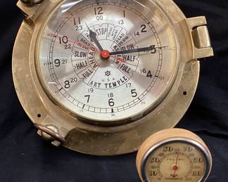 VTG. ART TEMPLE BRASS NAUTICAL BAROMETER & TEL-TRU THERMOMETER