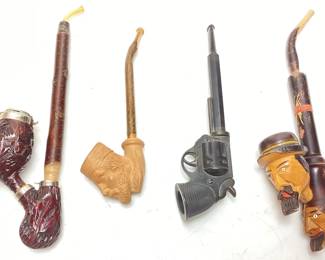 (4) HAND CARVED TOBACCO PIPES, 2 HEAD, REVOLVER, GERMAN WOOD PIPE