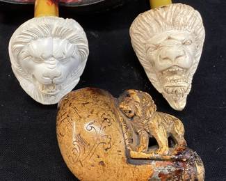  (3) MEERSCHAUM HAND CARVED LION TOBACCO PIPES, MADE IN TURKEY, 1 CASE