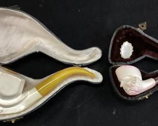 (2) VTG. HAND CARVED MEERSCHAUM MAN WITH PIPE TOBACCO PIPE & MEERSCHAUM SULTAN