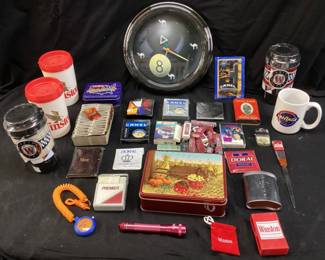 ASSORTED CAMEL & WINSTON TOBACCO COLLECTIBLES, DORAL PORTABLE ASHTRAYS, LIGHTERS, PLAYING CARDS, SEDONA MATCHES CAMEL CLOCK NEEDS 9V POWER SUPPLY
