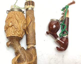  2 VTG. TOBACCO PIPES, HAND CARVED 2 PIECE DEER HEAD & BRUYERS