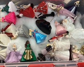 BOX OF ASSORTED HOLIDAY BARBIE ORNAMENTS K.O.C.C. SERIES, CELEBRATION SERIES, CLUB EDITION, SPRINGTIME EDITION, CHILDRENâ€™S COLLECTOR SERIES, MARILYN MONROE, SCARLETT Oâ€™HARA