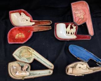 (4) VTG. GENUINE MEERSCHAUM TOBACCO PIPES, ELK, HORSE & 2 w DOGS, AUSTRIAN & TURKISH