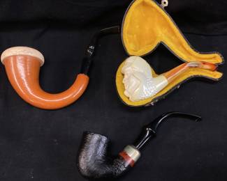7 VTG. TOBACCO PIPES WITH PIPE STAND & JAR, DUKE DR. GRABOW, BELVEDERE DR. GRABOW, STARFIRE DR. GRABOW, IMPORTED BRIAR, SIGNET