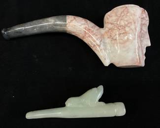 (2) JADE TOBACCO PIPE & MARBLE w CARVED FACE TOBACCO PIPE
