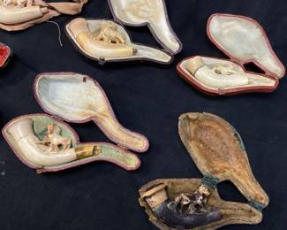 (6) ANTIQUE MEERSCHAUM TOBACCO PIPES, HAND CARVED HORSES w ORIGINAL CASES
