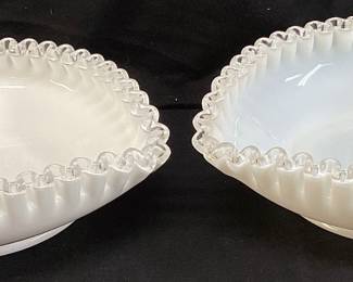 PAIR OF 1961 FENTON SILVER CREST MILK GLASS HEART CANDY DISHES