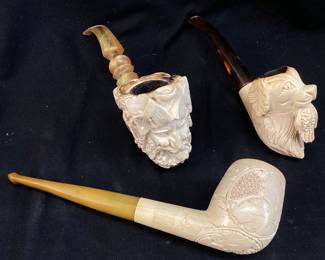 (3) VTG. MEERSCHAUM TOBACCO PIPES, HUNT DOG w BIRD, HAND CARVED GRAPEVINE MOTIF & LAUGHING BACCHUS