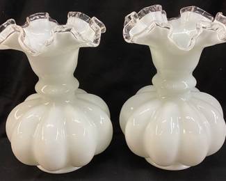 PAIR OF FENTON SILVER CREST MILK GLASS MELON VASES 8in H