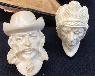 (2) MEERSCHAUM SEPIOLITE TURKISH TOBACCO PIPES, GENERAL CUSTER & NATIVE AMERICAN CHIEF, HAND CARVED, 1 CASE