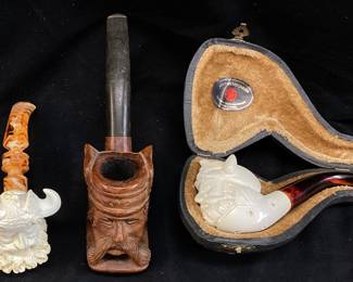 (3) HAND CARVED VIKING TOBACCO PIPES, MEERSCHAUM SEPIOLITE, MADE IN TURKEY & MASTERCRAFT ALGERIAN BRIAR, 1 CASE