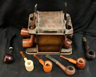  10 ASSORTED TOBACCO PIPES w STAND, DR, GRABOW REGAL, BERBRIA, IMPORTED BRIAR, DR. GRABOW BELVEDERE & OTHERS