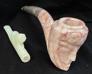 (2) JADE TOBACCO PIPE & MARBLE w CARVED FACE TOBACCO PIPE