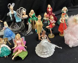 BOX OF ASSORTED HOLIDAY BARBIE ORNAMENTS K.O.C.C. SERIES, CELEBRATION SERIES, CLUB EDITION, SPRINGTIME EDITION, CHILDRENâ€™S COLLECTOR SERIES, MARILYN MONROE, SCARLETT Oâ€™HARA