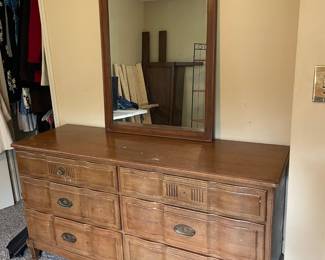 #45 Kling - Mahogany Dresser. 6 drawers and attached mirror. As is finish. 32.5h (45.5" mirror) x 62.5w x 20d $125.00