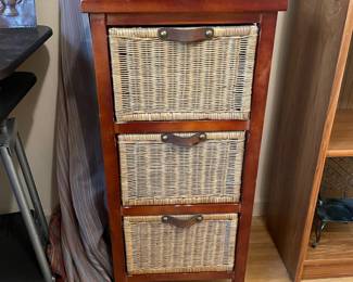 #35 3 Drawer Tall Wood Storage Unit with Wicker pullout baskets - 34.5h x 15.5w x 14d $30.00