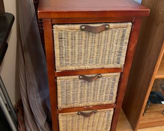 #35 3 Drawer Tall Wood Storage Unit with Wicker pullout baskets - 34.5h x 15.5w x 14d $30.00