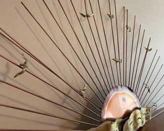 #132 Mid Century Modern Large Sunburst Metal Wall Hanging w/Birds $65.00
