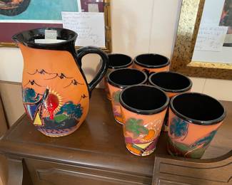 #100 Handpainted Terracotta Clay Pitcher and Cup set - 7 pcs $22.00