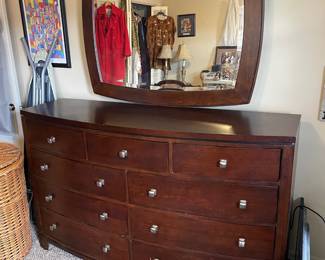 #40 9 Drawer Wood Dresser with Metal Pulls - Attached Rectangle Mirror. 39.5h (35"mirror) x 64w x 20d $75.00