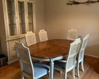 #1	Dining Room	Stanley Furniture French Provencial Style Dining table with 6 cane back chairs (1 captains chair) Hand-painted cream and robin blue - as is finish. 64Lx29Hx42W	$175.00