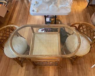 #11 Rattan Indonesian oval honeymoon set (2 chairs) - glass top with wicker shelf. 40x31x20.5 $225.00