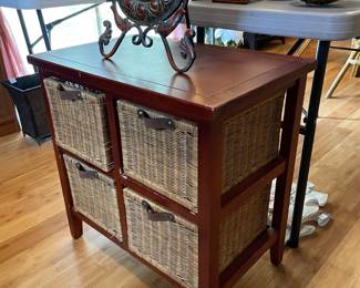 #34 4 Drawer Wood Storage Unit with Wicker pullout baskets -25.5h x 25.5w x 15.5d $35.00