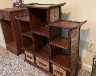 #21 Vintage Chinoiserie Burnt Bamboo Pagoda Wall Display Shelf - 3 drawers mirrored back. Wicker accents. - 27h x 29w x 7.5d $100.00