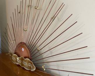 #132 Mid Century Modern Large Sunburst Metal Wall Hanging w/Birds $65.00